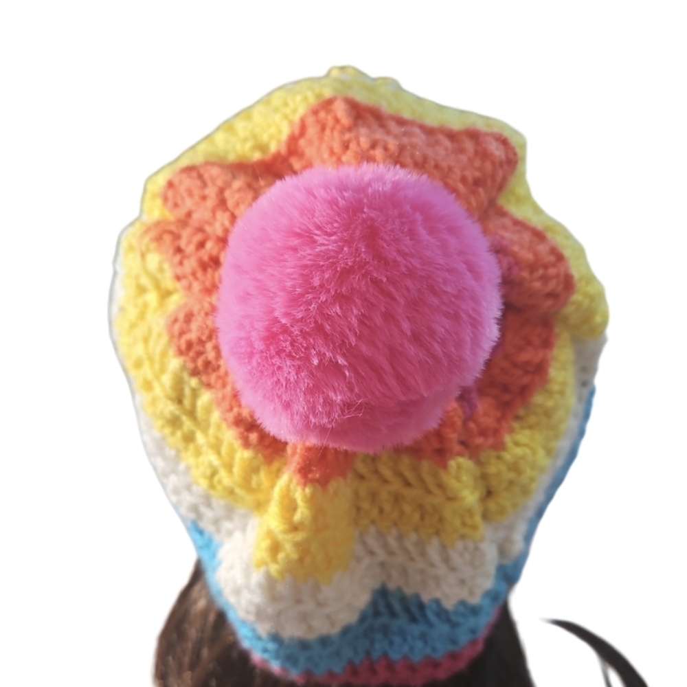 Hand Crafted Crochet Beanie Oversized Multicolored Pink pompom winter hat unique - Picture 11 of 17